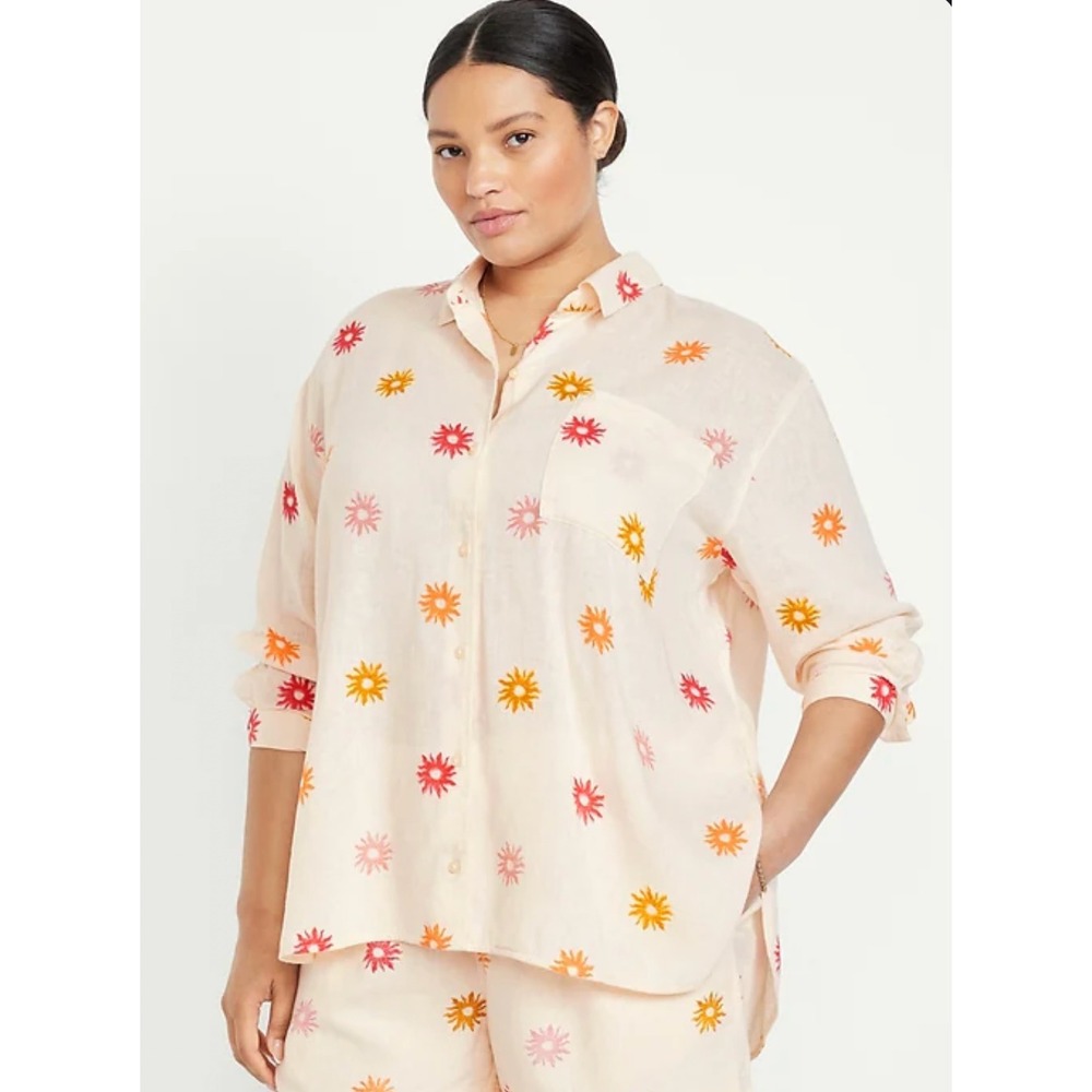 Sunburst Linen Blend Boyfriend Shirt Cream Long Sleeve Wmns XXL Tall Coastal